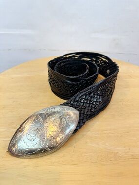 Motif-56 | Black Leather Basket Weave Western Belt with Silver Medallions, M